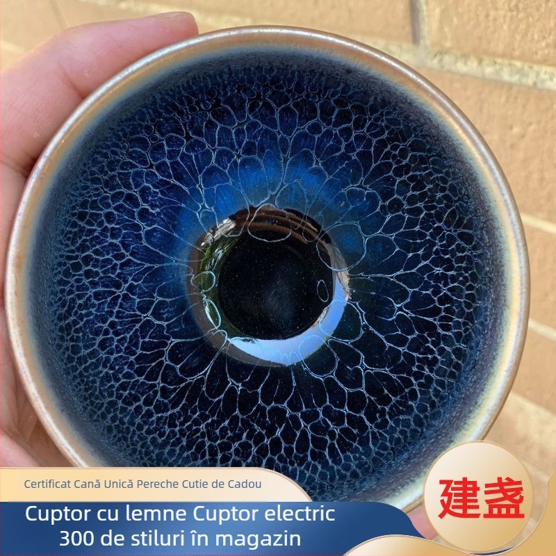 Ceașcă de ceai Jian Zhan cu corp din fier, model cu dragon albastru, glazură cu picături de ulei — ceașă Kung Fu pentru degustare