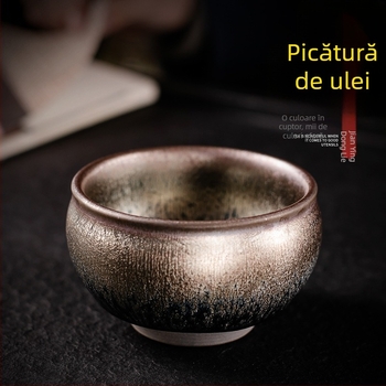 Jianyang Jianzhan – Căniță de ceai handmade, mare, cu design cer înstelat și picături de ulei, Kirin albastru cu incrustație auriu Tianmu