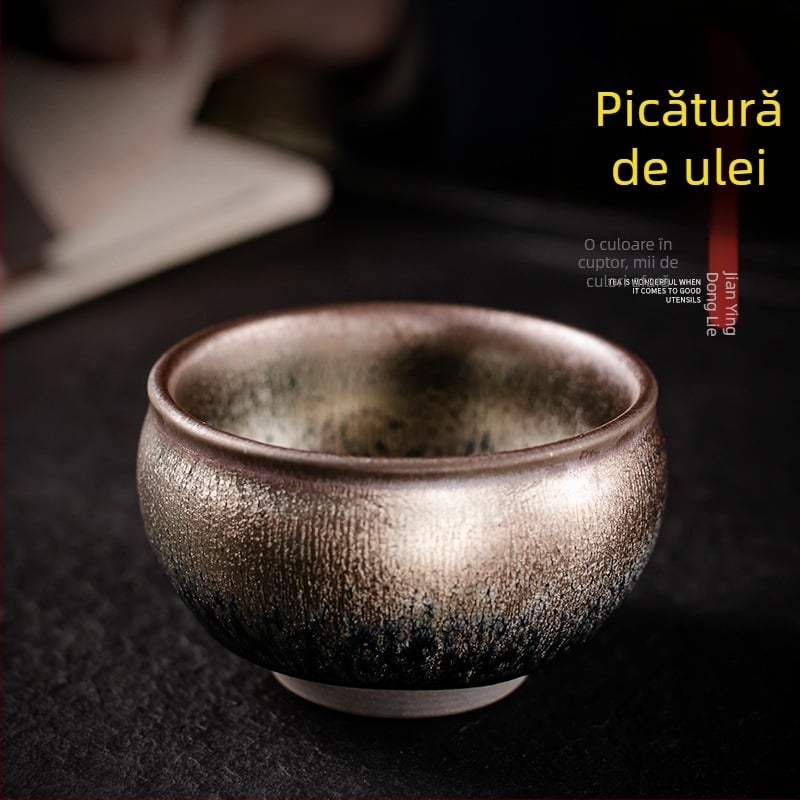 Jianyang Jianzhan – Căniță de ceai handmade, mare, cu design cer înstelat și picături de ulei, Kirin albastru cu incrustație auriu Tianmu