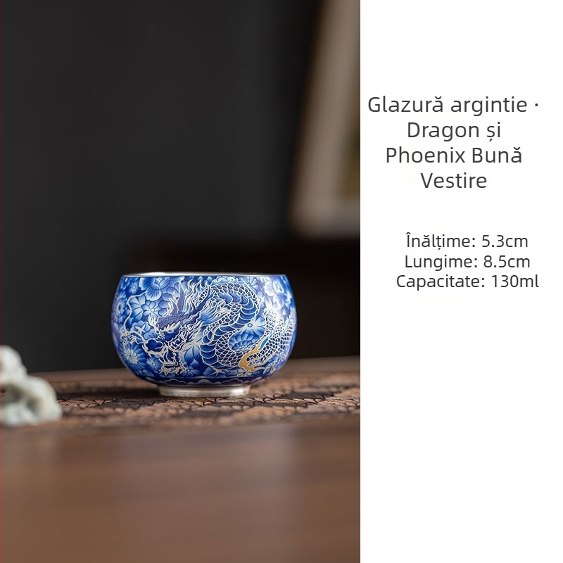 Ceainic Dragon și Phoenix Maestru, ceramică artizanală, ceai Kung Fu, culoare argintie 999