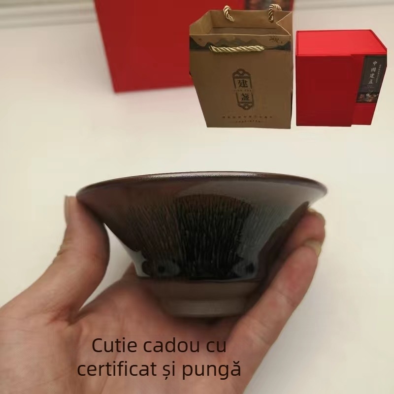 Ceașcă de ceai cu design din păr de iepure, ceașcă ceramică conică, ceașcă de ceai cu glazură minerală originală, mărime medie, set de ceai premium