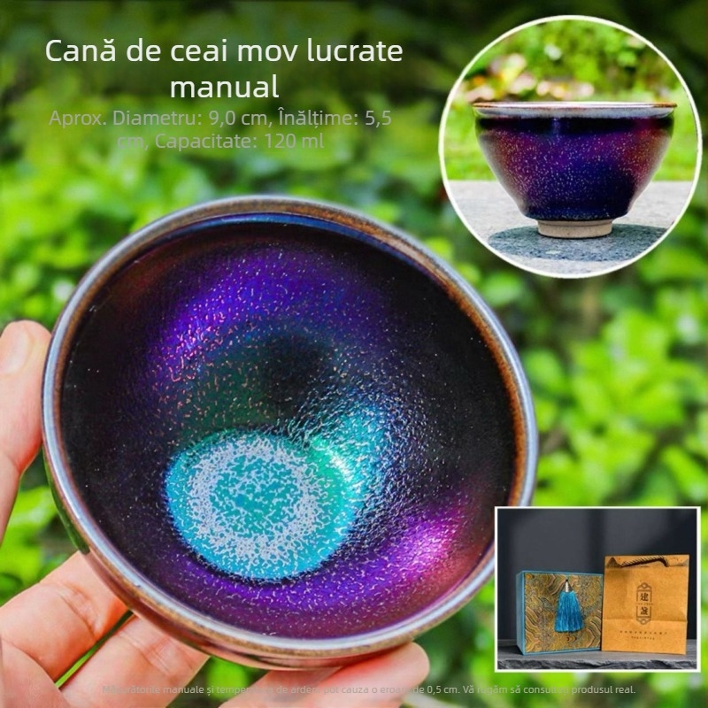 Ceașcă de ceai Jian Zhan, lucrată manual, purpurie, cu glazură multicoloră de kiln