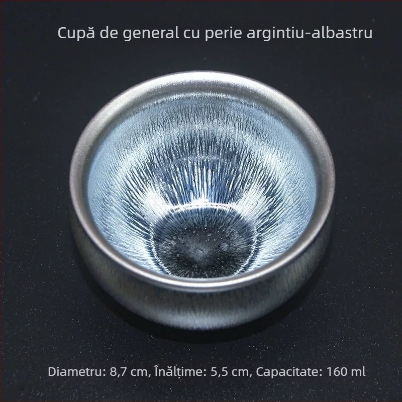 Ceasă de ceai Jian ware, mare, corp din porțelan negru, glazură cu fire argintii, un singur ceai degustare de înaltă calitate