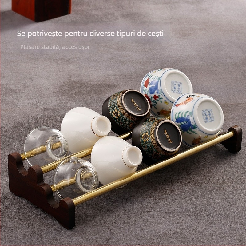 Suport pentru cești din cupru și lemn cu suport ceramic pentru cești și tavă de scurgere, accesorii pentru setul Gongfu de ceai, raft de depozitare din lemn de abanos.