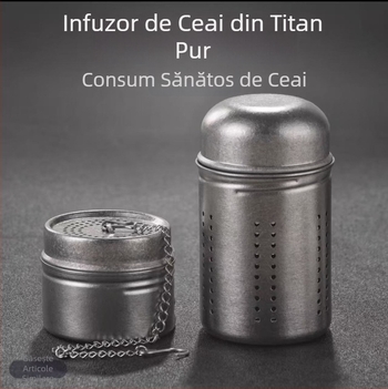 Recipient din titan pur pentru ceai, cu filtru pentru infuzie, bilă de ceai și frunze de ceai