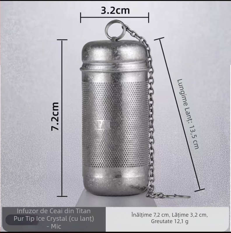Recipient din titan pur pentru ceai, cu filtru pentru infuzie, bilă de ceai și frunze de ceai