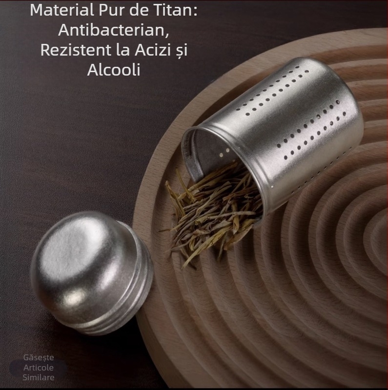 Recipient din titan pur pentru ceai, cu filtru pentru infuzie, bilă de ceai și frunze de ceai