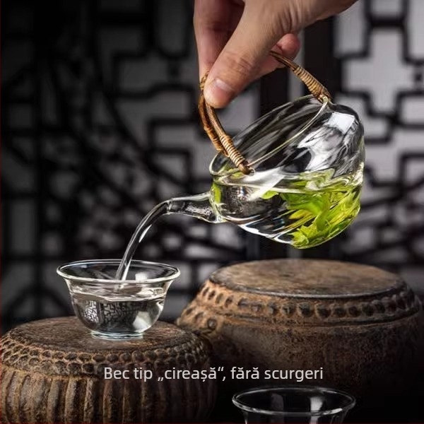Ceainic de înaltă calitate, cu mâner, separator termorezistent pentru ceai și infuzor pentru ceai verde, din sticlă borosilikat groasă, stil japonez