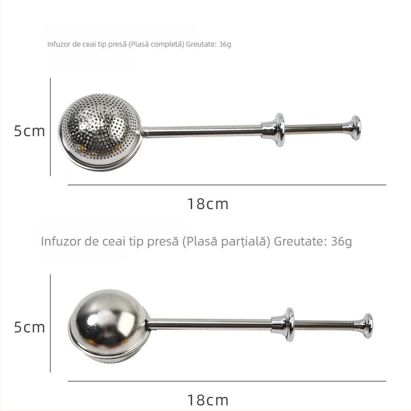 Ceainic din oțel inoxidabil cu infuzor de ceai de tip apăsare, tijă filtrantă, minge de ceai din plasă și instrument pentru frunze de ceai