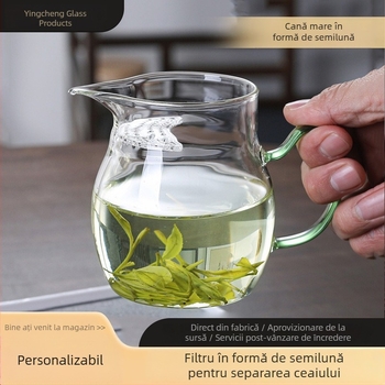 Căniță de ceai din sticlă transparentă, în formă de semilună, cu filtru și sită integrate, pereți groși, rezistentă la impact.