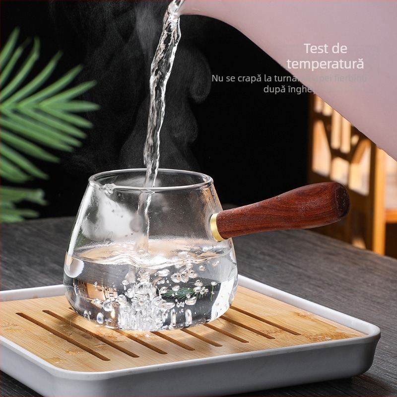 Set de ceai din sticlă borosilică cu mâner din lemn și filtru integrat — rezistent la căldură