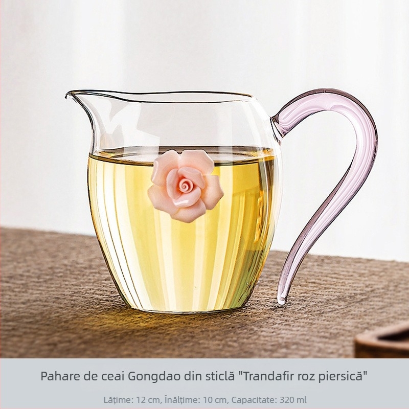 Ceașcă de ceai din sticlă borosilicată, design cu roză, divizor de ceai transparent, set Gongfu și accesorii pentru ceremonia ceaiului