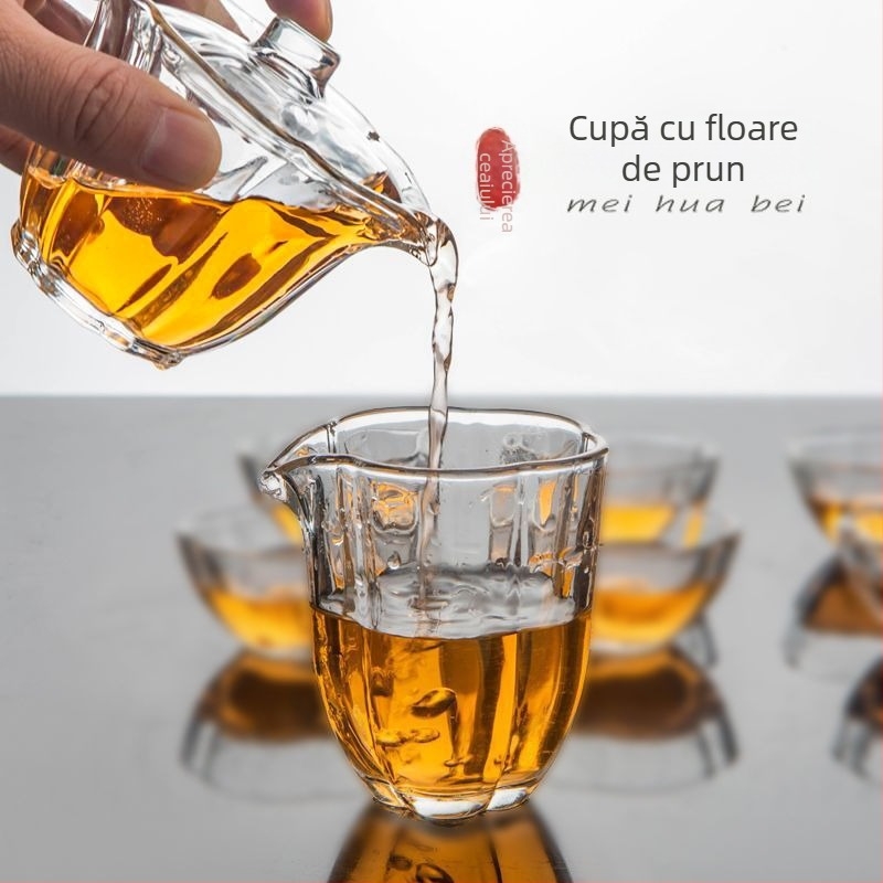 Set de ceai din sticlă groasă, cu ceașcă în formă de floare de prune și divizor de ceai din sticlă, lucrat manual, stil japonez, premium, rezistent la căldură
