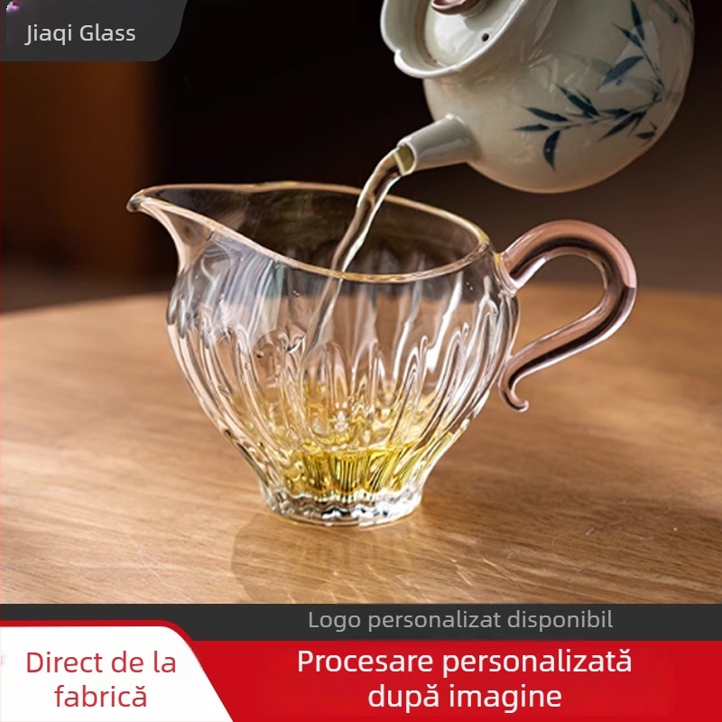 Ceșuță de sticlă cu mâner pentru turnare uniformă, divizor termorezistent pentru ceai, set Kung Fu de ceai cu motiv floare de prune, pahar transparent din borosilicatat înalt