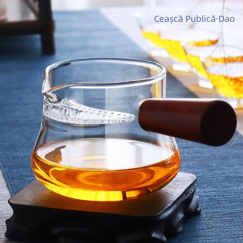 Ceșă Gongdao cu mâner lateral din lemn, sticlă borosilicat transparentă, divizor pentru ceai, filtru de ceai, set Kung Fu, ceașcă rezistentă la temperaturi înalte