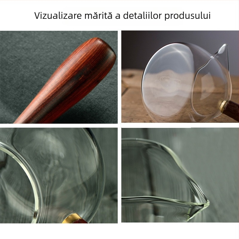 Ceșuță de sticlă cu mâner din lemn pentru ceai Kung Fu, set Gongfu, separator pentru ceai, ceașcă cu mâner lateral, rezistentă la temperaturi înalte, capacitate mare