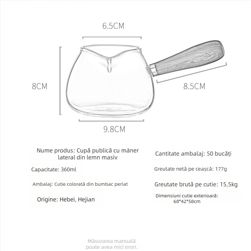 Ceșuță de sticlă cu mâner din lemn pentru ceai Kung Fu, set Gongfu, separator pentru ceai, ceașcă cu mâner lateral, rezistentă la temperaturi înalte, capacitate mare