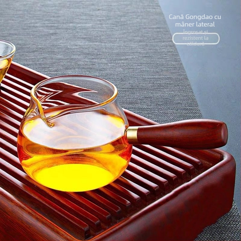 Ceșuță de sticlă cu mâner din lemn pentru ceai Kung Fu, set Gongfu, separator pentru ceai, ceașcă cu mâner lateral, rezistentă la temperaturi înalte, capacitate mare