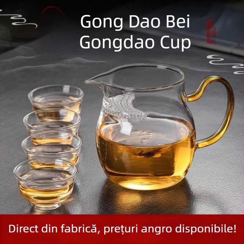 Cească Gongdao pentru ceai, cu formă semilunară, mâner colorat, sticlă borosilicată rezistentă la căldură, filtru încorporat și gură ascuțită