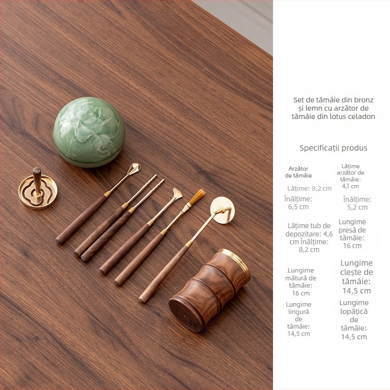 Set din cupru și lemn pentru ceremonia ceaiului, arzător Celadon lotus – șase piese: ac pentru ceai, cuțit pentru ceai, linguriță pentru ceai, clește pentru ceai, lopățică pentru ceai