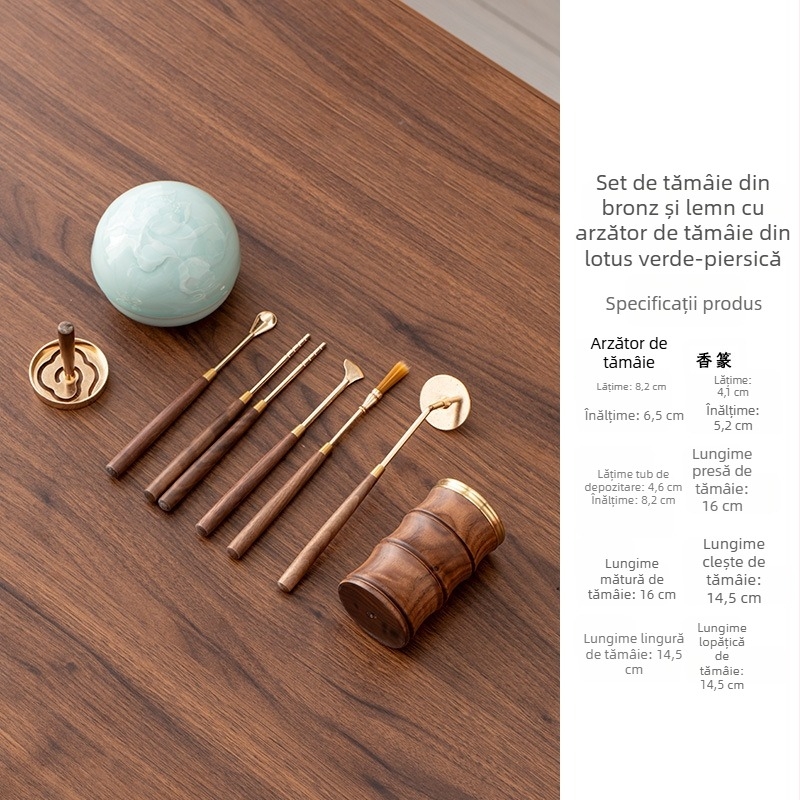 Set din cupru și lemn pentru ceremonia ceaiului, arzător Celadon lotus – șase piese: ac pentru ceai, cuțit pentru ceai, linguriță pentru ceai, clește pentru ceai, lopățică pentru ceai