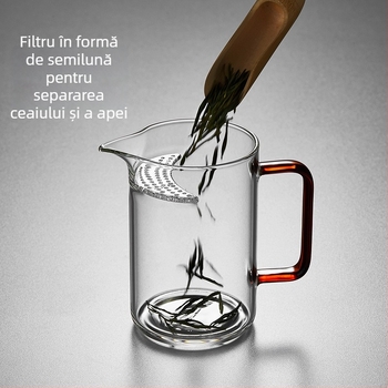 Ceșcuță de ceai cu filtru integrat, în formă de semilună, pentru ceai verde, sticlă borosilikat de înaltă calitate