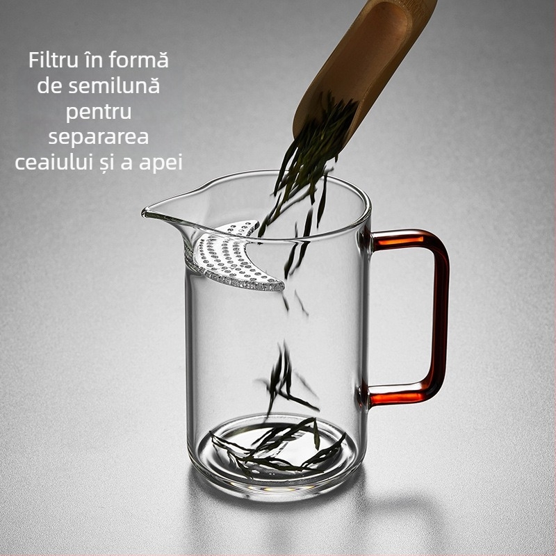 Ceșcuță de ceai cu filtru integrat, în formă de semilună, pentru ceai verde, sticlă borosilikat de înaltă calitate