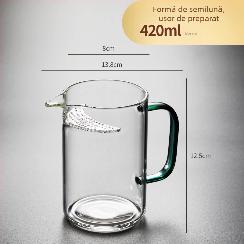 Ceșcuță de ceai cu filtru integrat, în formă de semilună, pentru ceai verde, sticlă borosilikat de înaltă calitate