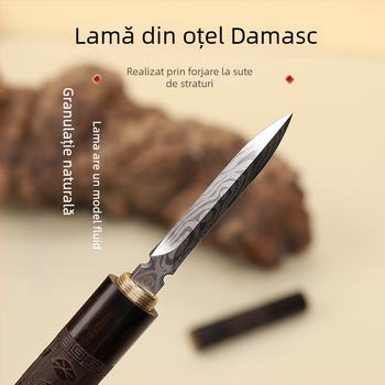 Cuțit de ceai din santal mov și ac pentru ceremonia ceaiului, cuțit Pu'er din oțel cu model Damascus, instrument de deschidere a blocurilor de ceai, accesorii pentru ceai