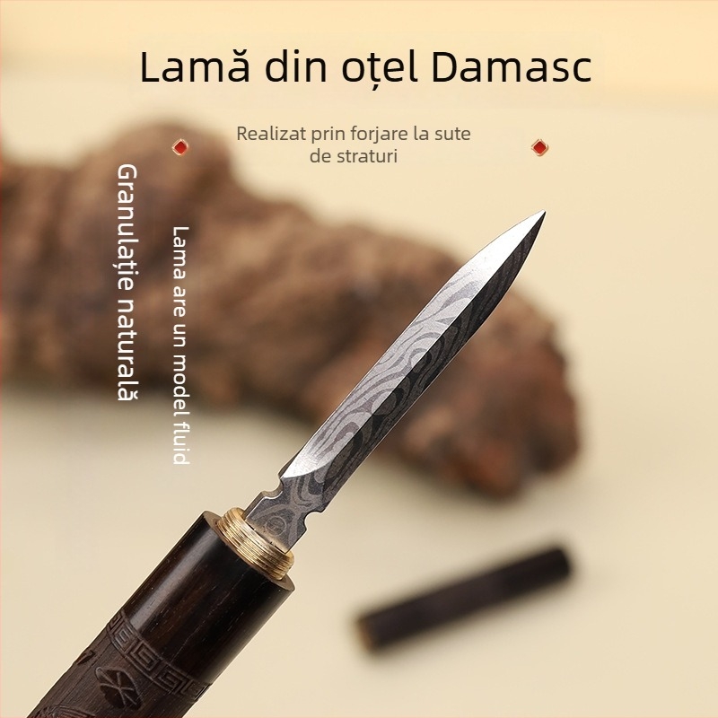Cuțit de ceai din santal mov și ac pentru ceremonia ceaiului, cuțit Pu'er din oțel cu model Damascus, instrument de deschidere a blocurilor de ceai, accesorii pentru ceai