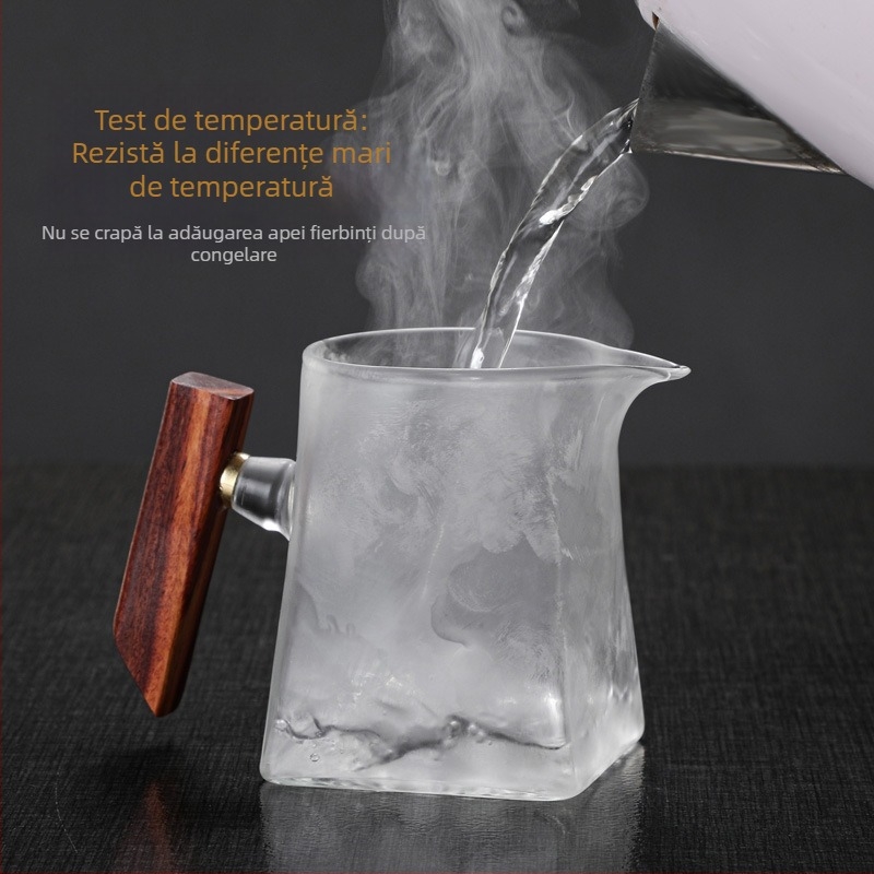 ceașcă de ceai din sticlă cu filtru integrat și distribuitor de ceai, tavă de ceai cu bază pătrată și mâner din lemn gros
