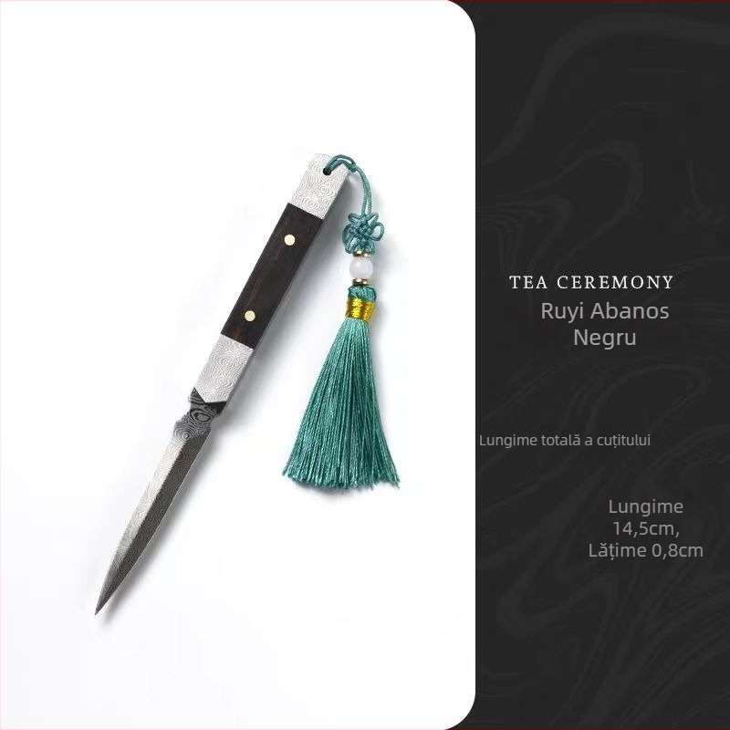 Cuțit de ceai și ac de ceai, lucrate manual în stil Zen, din lemn de abanos și oțel damascat – pentru ceai Pu'er – accesorii pentru ceremonia ceaiului