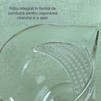 Ceașcă de ceai din sticlă cu strecurător integrat și formă semilunară, filtru pentru frunze de ceai și separare ceai-apă