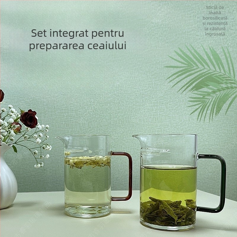 Ceașcă de ceai din sticlă cu strecurător integrat și formă semilunară, filtru pentru frunze de ceai și separare ceai-apă