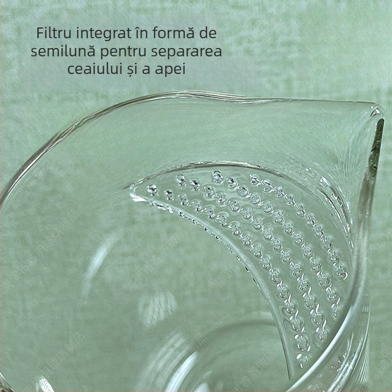 Ceașcă de ceai din sticlă cu strecurător integrat și formă semilunară, filtru pentru frunze de ceai și separare ceai-apă
