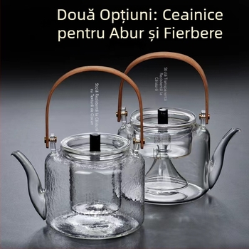 Ceainic din sticla, stil japonez, textura ciocan, corp transparent, mâner din bambus, pentru plita ceramică electrică, uz casnic
