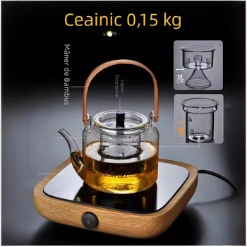 Ceainic din sticla, stil japonez, textura ciocan, corp transparent, mâner din bambus, pentru plita ceramică electrică, uz casnic