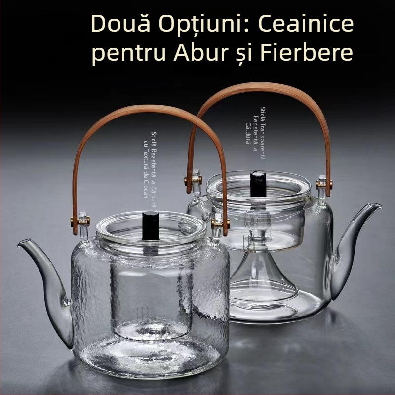 Ceainic din sticla, stil japonez, textura ciocan, corp transparent, mâner din bambus, pentru plita ceramică electrică, uz casnic