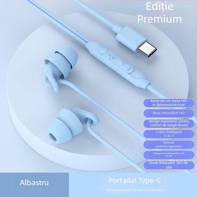 Căști noi pentru somn, in-ear cu Type-C, cablu, izolare fonică, fără presiune la urechi în timpul somnului pe o parte, model S15