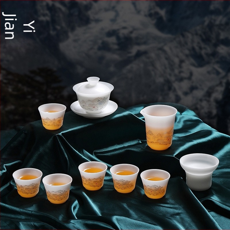 Set de ceai Kung Fu din porțelan alb Dehua, cu ceainic – pentru uz casnic și comercial