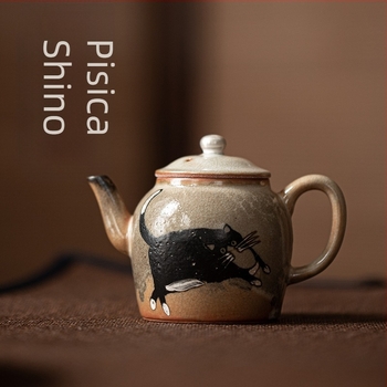Ceainic japonez în stil Shino cu pisică norocoasă, capacitate mare, filtru ceramic, finisaj argintiu pictat manual, un singur vas, set de ceai Kung Fu pentru uz casnic