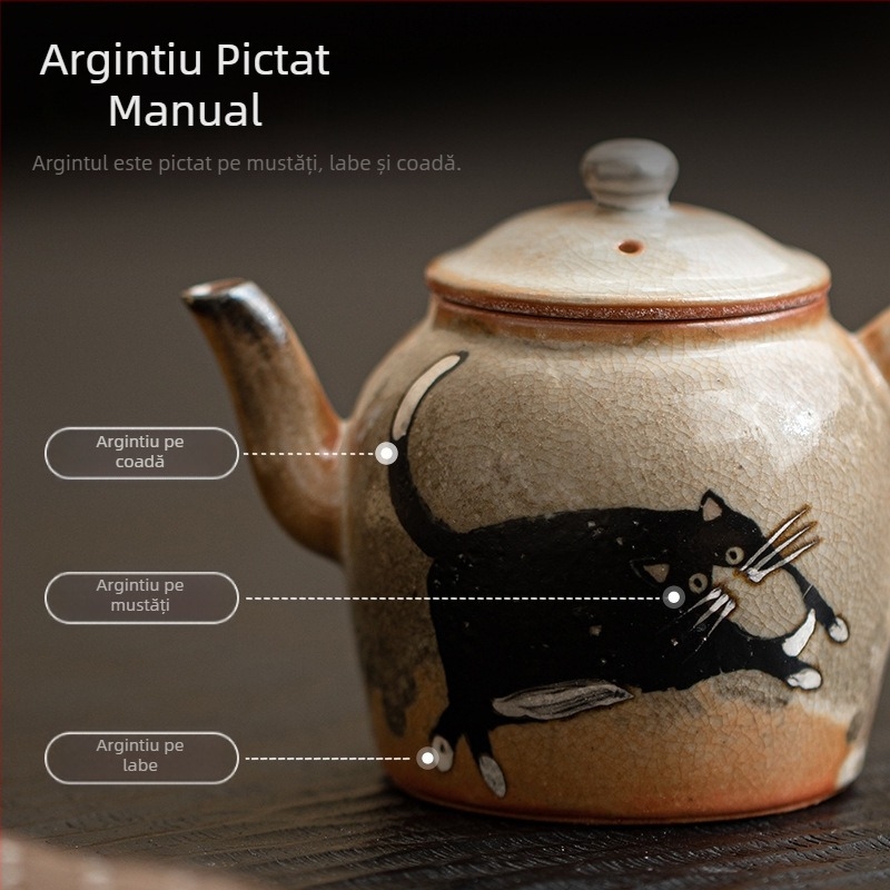 Ceainic japonez în stil Shino cu pisică norocoasă, capacitate mare, filtru ceramic, finisaj argintiu pictat manual, un singur vas, set de ceai Kung Fu pentru uz casnic