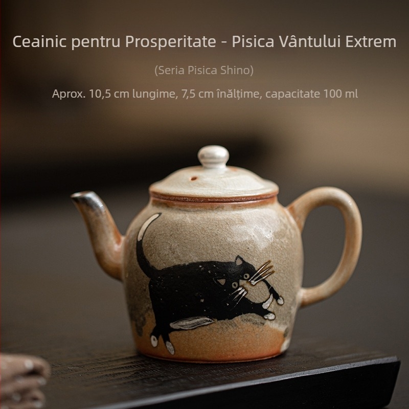 Ceainic japonez în stil Shino cu pisică norocoasă, capacitate mare, filtru ceramic, finisaj argintiu pictat manual, un singur vas, set de ceai Kung Fu pentru uz casnic