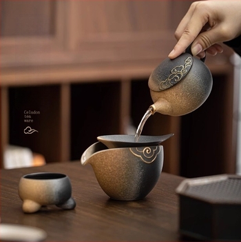 Set de ceainic retro cu gradient, cu căni din ceramică grosieră – set Kung Fu de ceai, set complet pentru acasă într-o cutie cadou