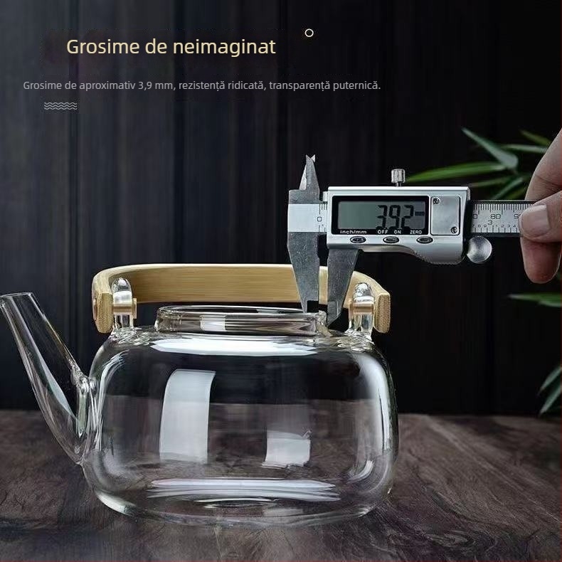 Ceainic din sticlă, mâner din bambus gros, pentru plită electrică ceramică, filtru pentru ceai cu flori, set de ceai