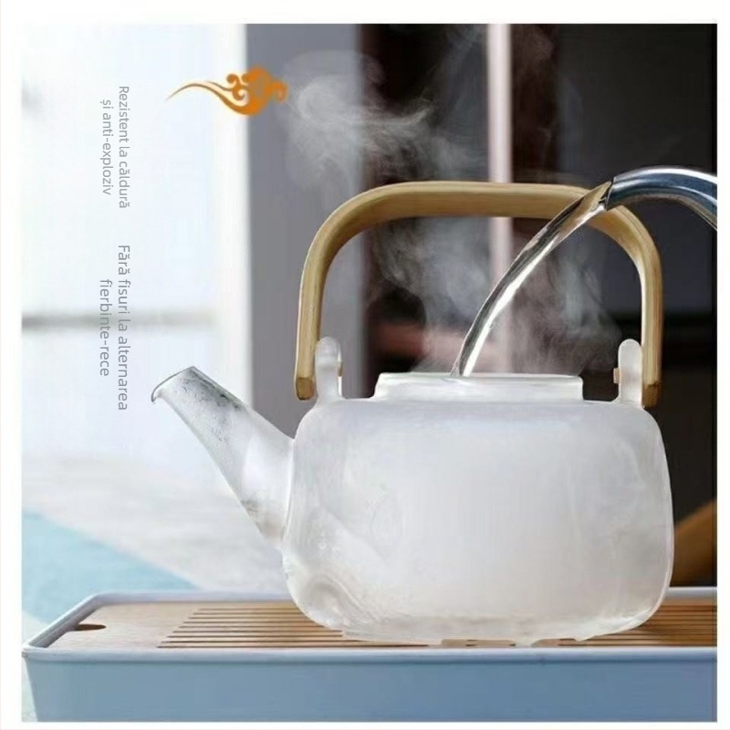 Ceainic din sticlă, mâner din bambus gros, pentru plită electrică ceramică, filtru pentru ceai cu flori, set de ceai