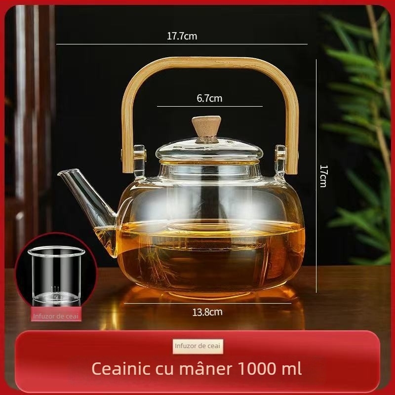 Ceainic din sticlă, mâner din bambus gros, pentru plită electrică ceramică, filtru pentru ceai cu flori, set de ceai