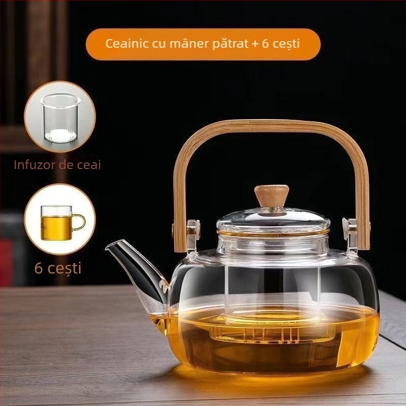 Ceainic din sticlă, mâner din bambus gros, pentru plită electrică ceramică, filtru pentru ceai cu flori, set de ceai