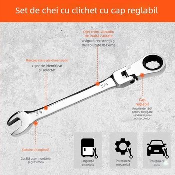 Cheie cu ratchet cu utilizare dublă, dimensiune imperială, ratchet fix, oțel crom-vanadiu lustruit