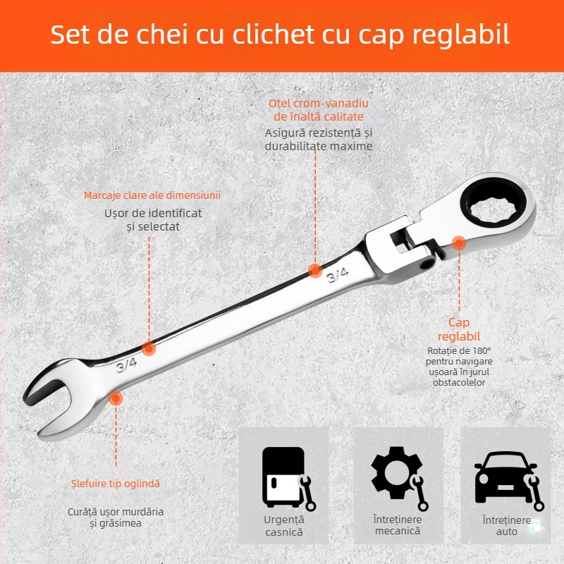 Cheie cu ratchet cu utilizare dublă, dimensiune imperială, ratchet fix, oțel crom-vanadiu lustruit